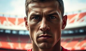 A close-up portrait of the captain of Manchester United, shot with a medium-length lens in natural lighting. The subject's face is in sharp focus, revealing a determined expression with piercing eyes, prominent brow, and a strong jawline. The background is slightly blurred, hinting at the grand, historic Old Trafford stadium in the distance. The overall mood is one of leadership, confidence, and the weight of responsibility that comes with captaining one of the world's most renowned football clubs. A close-up portrait of the captain of Manchester United, shot with a medium-length lens in natural lighting. The subject's face is in sharp focus, revealing a determined expression with piercing eyes, prominent brow, and a strong jawline. The background is slightly blurred, hinting at the grand, historic Old Trafford stadium in the distance. The overall mood is one of leadership, confidence, and the weight of responsibility that comes with captaining one of the world's most renowned football clubs.