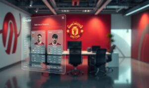 A detailed analysis of the salaries of Manchester United players, presented in a professional and visually-appealing manner. The foreground depicts a holographic data visualization, showcasing player profiles, salaries, and key metrics. The middle ground features a clean, minimalist workspace with high-end office equipment, creating a sense of authority and expertise. The background blends Manchester United's iconic red and black colors, with subtle patterns and textures to convey a sophisticated, data-driven atmosphere. Soft, directional lighting casts a warm, focused glow, highlighting the essential information. The overall composition should communicate a thorough, well-researched analysis of the players' salaries, suitable for a high-quality publication. A detailed analysis of the salaries of Manchester United players, presented in a professional and visually-appealing manner. The foreground depicts a holographic data visualization, showcasing player profiles, salaries, and key metrics. The middle ground features a clean, minimalist workspace with high-end office equipment, creating a sense of authority and expertise. The background blends Manchester United's iconic red and black colors, with subtle patterns and textures to convey a sophisticated, data-driven atmosphere. Soft, directional lighting casts a warm, focused glow, highlighting the essential information. The overall composition should communicate a thorough, well-researched analysis of the players' salaries, suitable for a high-quality publication.