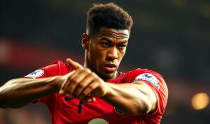 A detailed, close-up portrait of Marcus Rashford in mid-action, his body dynamically posed as he prepares to make a key assist during a match. The lighting is warm and naturalistic, highlighting the player's intense focus and determination. The background is blurred, placing the emphasis squarely on Rashford's skilled technique and athletic prowess. The camera angle is slightly low, giving the viewer a sense of the power and intensity of the moment. The overall mood is one of energy, excitement, and the thrill of top-level football. A detailed, close-up portrait of Marcus Rashford in mid-action, his body dynamically posed as he prepares to make a key assist during a match. The lighting is warm and naturalistic, highlighting the player's intense focus and determination. The background is blurred, placing the emphasis squarely on Rashford's skilled technique and athletic prowess. The camera angle is slightly low, giving the viewer a sense of the power and intensity of the moment. The overall mood is one of energy, excitement, and the thrill of top-level football.