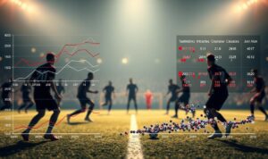 A detailed statistical analysis of the defensive performances of Premier League center-backs, showcased in a sleek, data-driven visualization. The foreground features several line charts and scatter plots, displaying key metrics like tackles, interceptions, clearances, and aerial duels won. The middle ground depicts player silhouettes in various defensive actions, while the background blurs into a soft, textured field pattern, evoking the Premier League pitch. Illuminated by warm, directional lighting, the scene conveys a sense of analytical depth and strategic insights into the defensive contributions of these elite players. A detailed statistical analysis of the defensive performances of Premier League center-backs, showcased in a sleek, data-driven visualization. The foreground features several line charts and scatter plots, displaying key metrics like tackles, interceptions, clearances, and aerial duels won. The middle ground depicts player silhouettes in various defensive actions, while the background blurs into a soft, textured field pattern, evoking the Premier League pitch. Illuminated by warm, directional lighting, the scene conveys a sense of analytical depth and strategic insights into the defensive contributions of these elite players.