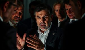 A dramatic, high-contrast photograph of Ruben Amorim, the manager of Sporting CP, in a tense discussion with club officials. The frame captures the intensity of the situation, with Amorim's face set in a stern expression as he gestures emphatically, surrounded by a group of suited individuals in a dimly lit, formal setting. The lighting casts deep shadows, highlighting the gravity of the moment, as the background blurs into an indistinct, shadowy backdrop, drawing the viewer's focus to the central figures. The overall atmosphere conveys a sense of high-stakes decision-making and the potential ramifications of Amorim's dismissal on the Portuguese club and the wider world of English football. A dramatic, high-contrast photograph of Ruben Amorim, the manager of Sporting CP, in a tense discussion with club officials. The frame captures the intensity of the situation, with Amorim's face set in a stern expression as he gestures emphatically, surrounded by a group of suited individuals in a dimly lit, formal setting. The lighting casts deep shadows, highlighting the gravity of the moment, as the background blurs into an indistinct, shadowy backdrop, drawing the viewer's focus to the central figures. The overall atmosphere conveys a sense of high-stakes decision-making and the potential ramifications of Amorim's dismissal on the Portuguese club and the wider world of English football.