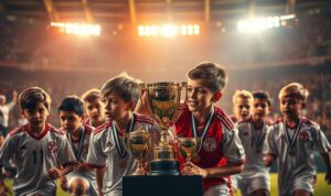 A dynamic and vibrant scene showcasing the achievements of young players. In the foreground, a group of talented youth footballers are in action, their faces determined as they compete with skill and passion. The middle ground features trophies, medals, and jerseys, symbolizing their hard-earned accomplishments. In the background, a stadium-like environment with cheering fans and the glow of stadium lights creates an atmosphere of excitement and celebration. The lighting is warm and dramatic, casting shadows that add depth and dynamism to the composition. The overall mood is one of pride, triumph, and the promise of a bright future for these rising stars of the sport. A dynamic and vibrant scene showcasing the achievements of young players. In the foreground, a group of talented youth footballers are in action, their faces determined as they compete with skill and passion. The middle ground features trophies, medals, and jerseys, symbolizing their hard-earned accomplishments. In the background, a stadium-like environment with cheering fans and the glow of stadium lights creates an atmosphere of excitement and celebration. The lighting is warm and dramatic, casting shadows that add depth and dynamism to the composition. The overall mood is one of pride, triumph, and the promise of a bright future for these rising stars of the sport.
