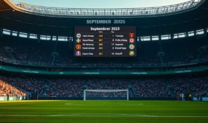 A football stadium backdrop, with the field in the foreground and the scoreboard clearly visible. The scoreboard displays the upcoming match schedule for September 2025, with team names, match dates, and kickoff times. The lighting is natural, with a warm, golden glow filtering through the stadium. The camera angle is slightly elevated, providing a clear view of the entire scene. The atmosphere is one of anticipation and excitement, as fans eagerly await the upcoming matches. A football stadium backdrop, with the field in the foreground and the scoreboard clearly visible. The scoreboard displays the upcoming match schedule for September 2025, with team names, match dates, and kickoff times. The lighting is natural, with a warm, golden glow filtering through the stadium. The camera angle is slightly elevated, providing a clear view of the entire scene. The atmosphere is one of anticipation and excitement, as fans eagerly await the upcoming matches.