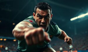 A gritty, action-packed image showcasing Lisandro Martinez's aggressive and effective playing style. In the foreground, Martinez, a stocky and muscular defender, lunges forcefully towards the viewer, his piercing gaze and clenched jaw exuding intensity. The middle ground features a blurred, high-speed motion blur, capturing the intensity of the tackle as Martinez collides with his opponent. The background is a dimly lit, moody stadium setting, with shadows and highlights emphasizing the drama and physicality of the moment. The overall scene conveys a sense of raw power, determination, and the relentless, uncompromising nature of Martinez's defensive game that has earned him the nickname "The Butcher". A gritty, action-packed image showcasing Lisandro Martinez's aggressive and effective playing style. In the foreground, Martinez, a stocky and muscular defender, lunges forcefully towards the viewer, his piercing gaze and clenched jaw exuding intensity. The middle ground features a blurred, high-speed motion blur, capturing the intensity of the tackle as Martinez collides with his opponent. The background is a dimly lit, moody stadium setting, with shadows and highlights emphasizing the drama and physicality of the moment. The overall scene conveys a sense of raw power, determination, and the relentless, uncompromising nature of Martinez's defensive game that has earned him the nickname "The Butcher".