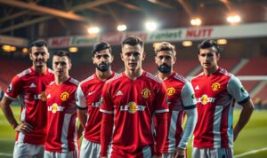 A group of 5 professional football players from the Manchester United academy, standing confidently on the pitch in their red and white uniform, illuminated by warm stadium lighting. The players' expressions convey a sense of determination and pride, as they gaze directly at the camera with intense focus. The background is blurred, placing the players in the foreground and emphasizing their individual presence. The image evokes a sense of accomplishment and the success of these homegrown talents within the top-tier team. A group of 5 professional football players from the Manchester United academy, standing confidently on the pitch in their red and white uniform, illuminated by warm stadium lighting. The players' expressions convey a sense of determination and pride, as they gaze directly at the camera with intense focus. The background is blurred, placing the players in the foreground and emphasizing their individual presence. The image evokes a sense of accomplishment and the success of these homegrown talents within the top-tier team.