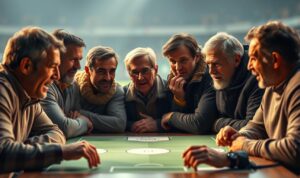 A group of renowned football legends, illuminated by warm, soft lighting, engaged in a lively discussion. In the foreground, their expressive faces and animated gestures convey the passion and intensity of their analysis. The middle ground features a table with tactical diagrams, creating a sense of intellectual discourse. The background is blurred, subtly hinting at a football stadium or training ground, setting the scene for this esteemed gathering of football luminaries. A group of renowned football legends, illuminated by warm, soft lighting, engaged in a lively discussion. In the foreground, their expressive faces and animated gestures convey the passion and intensity of their analysis. The middle ground features a table with tactical diagrams, creating a sense of intellectual discourse. The background is blurred, subtly hinting at a football stadium or training ground, setting the scene for this esteemed gathering of football luminaries.