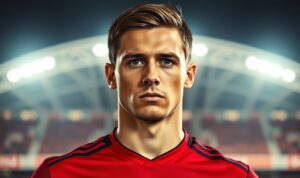 A headshot portrait of Kiper, a soccer player for Manchester United, set against a blurred background of the club's stadium. Kiper is shown in his team jersey, with a determined expression on his face, looking directly at the camera. The lighting is soft and flattering, highlighting the player's features. The composition is well-balanced, with Kiper placed in the center of the frame. The overall mood is one of focus and intensity, reflecting the high-stakes nature of the player's role within the team. A headshot portrait of Kiper, a soccer player for Manchester United, set against a blurred background of the club's stadium. Kiper is shown in his team jersey, with a determined expression on his face, looking directly at the camera. The lighting is soft and flattering, highlighting the player's features. The composition is well-balanced, with Kiper placed in the center of the frame. The overall mood is one of focus and intensity, reflecting the high-stakes nature of the player's role within the team.