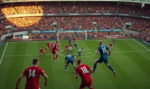 A high-angle view of a Premier League soccer pitch, with players in red and blue uniforms engaged in an intense tactical battle. The foreground features a pair of central midfielders, their positioning and movement suggesting a "double pivot" system. In the middle ground, the opposing team's defensive structure is visible, with players in a compact formation. The background depicts the iconic stands of a Premier League stadium, filled with passionate fans. The scene is illuminated by a warm, natural lighting, capturing the drama and intensity of the tactical clash. A high-angle view of a Premier League soccer pitch, with players in red and blue uniforms engaged in an intense tactical battle. The foreground features a pair of central midfielders, their positioning and movement suggesting a "double pivot" system. In the middle ground, the opposing team's defensive structure is visible, with players in a compact formation. The background depicts the iconic stands of a Premier League stadium, filled with passionate fans. The scene is illuminated by a warm, natural lighting, capturing the drama and intensity of the tactical clash.