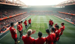 A high-angle view of the Old Trafford stadium, home of Manchester United, with players in red jerseys engaged in a tactical strategy session on the pitch. The players are gathered around a tactical board, gesturing and discussing formations and plays. The lighting is warm and natural, capturing the intensity of the moment. The background is blurred, keeping the focus on the players and their tactical discussions. The overall atmosphere conveys a sense of purpose and determination as the team works to improve their performance on the road. A high-angle view of the Old Trafford stadium, home of Manchester United, with players in red jerseys engaged in a tactical strategy session on the pitch. The players are gathered around a tactical board, gesturing and discussing formations and plays. The lighting is warm and natural, capturing the intensity of the moment. The background is blurred, keeping the focus on the players and their tactical discussions. The overall atmosphere conveys a sense of purpose and determination as the team works to improve their performance on the road.