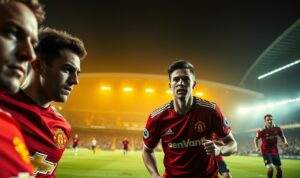 A high-contrast, cinematic image of the front line of Manchester United's squad, capturing the intensity and potential of their attacking options. The foreground features a dynamic, close-up view of the club's star strikers in action, their expressions determined and their movements fluid. The middle ground showcases the team's attacking formation, with midfielders and wingers supporting the forwards. In the background, the iconic Old Trafford stadium looms, its floodlights casting a warm, golden glow over the scene. The overall mood is one of anticipation and opportunity, hinting at the club's hopes for a successful transfer window and a reinvigorated offensive line. A high-contrast, cinematic image of the front line of Manchester United's squad, capturing the intensity and potential of their attacking options. The foreground features a dynamic, close-up view of the club's star strikers in action, their expressions determined and their movements fluid. The middle ground showcases the team's attacking formation, with midfielders and wingers supporting the forwards. In the background, the iconic Old Trafford stadium looms, its floodlights casting a warm, golden glow over the scene. The overall mood is one of anticipation and opportunity, hinting at the club's hopes for a successful transfer window and a reinvigorated offensive line.