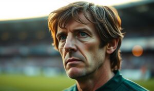 A thoughtful, close-up portrait of the legendary Dutch goalkeeper Edwin van der Sar, captured in a pensive moment on a pitch at dusk. The lighting is soft and warm, illuminating his weathered yet determined expression as he gazes intently, conveying a sense of quiet contemplation and experience gained from years of excellence in his craft. The background is blurred, focusing the viewer's attention on Van der Sar's face and subtle body language, which reflects the wisdom and tactical acumen that made him a pivotal figure in Sir Alex Ferguson's most successful transfer decisions. A thoughtful, close-up portrait of the legendary Dutch goalkeeper Edwin van der Sar, captured in a pensive moment on a pitch at dusk. The lighting is soft and warm, illuminating his weathered yet determined expression as he gazes intently, conveying a sense of quiet contemplation and experience gained from years of excellence in his craft. The background is blurred, focusing the viewer's attention on Van der Sar's face and subtle body language, which reflects the wisdom and tactical acumen that made him a pivotal figure in Sir Alex Ferguson's most successful transfer decisions.