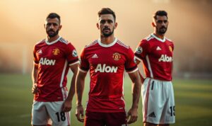 A trio of Manchester United midfielders, including Ruben Amorim, stand confidently on the pitch. The scene is bathed in warm, golden light, casting shadows that accentuate their muscular physiques and determined expressions. Amorim, the focal point, is positioned centrally, flanked by his teammates, all dressed in the iconic red and white kit. The camera angle is slightly elevated, lending a sense of power and authority to the players. The background is blurred, keeping the attention on the trio and their pivotal role in Manchester United's tactical revolution this season. A trio of Manchester United midfielders, including Ruben Amorim, stand confidently on the pitch. The scene is bathed in warm, golden light, casting shadows that accentuate their muscular physiques and determined expressions. Amorim, the focal point, is positioned centrally, flanked by his teammates, all dressed in the iconic red and white kit. The camera angle is slightly elevated, lending a sense of power and authority to the players. The background is blurred, keeping the attention on the trio and their pivotal role in Manchester United's tactical revolution this season.
