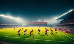 A vast stadium with lush green pitch, the floodlights casting a warm glow over the scene. In the foreground, a group of football players in Manchester United's iconic red and white jerseys, their faces focused with determination as they compete for the ball. In the middle ground, the storied Old Trafford stands rise up, the historic architecture a testament to the club's rich legacy. The background is a hazy cityscape, the towering skyscrapers of Manchester's skyline visible in the distance, symbolizing the club's place within the vibrant urban landscape. The overall mood is one of intense passion, tradition, and the pursuit of excellence that has defined Manchester United's illustrious career. A vast stadium with lush green pitch, the floodlights casting a warm glow over the scene. In the foreground, a group of football players in Manchester United's iconic red and white jerseys, their faces focused with determination as they compete for the ball. In the middle ground, the storied Old Trafford stands rise up, the historic architecture a testament to the club's rich legacy. The background is a hazy cityscape, the towering skyscrapers of Manchester's skyline visible in the distance, symbolizing the club's place within the vibrant urban landscape. The overall mood is one of intense passion, tradition, and the pursuit of excellence that has defined Manchester United's illustrious career.
