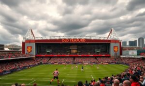 A vibrant and dynamic football stadium in the heart of Manchester, England. The iconic Old Trafford, home of the legendary Manchester United, stands tall against a cloudy sky. The stadium's facade is illuminated by warm, golden light, casting a welcoming glow. In the foreground, a crowd of passionate fans decked in the team's iconic red and white colors gather, their energy and enthusiasm palpable. The middle ground features the pitch, where players in crisp, well-tailored uniforms engage in an intense match, their movements captured in a blur of motion. The background is filled with the city's skyline, a mix of modern and historic architecture that sets the stage for this thrilling football event. A vibrant and dynamic football stadium in the heart of Manchester, England. The iconic Old Trafford, home of the legendary Manchester United, stands tall against a cloudy sky. The stadium's facade is illuminated by warm, golden light, casting a welcoming glow. In the foreground, a crowd of passionate fans decked in the team's iconic red and white colors gather, their energy and enthusiasm palpable. The middle ground features the pitch, where players in crisp, well-tailored uniforms engage in an intense match, their movements captured in a blur of motion. The background is filled with the city's skyline, a mix of modern and historic architecture that sets the stage for this thrilling football event.