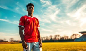 A young football player, Amad Diallo, stands tall on a lush green pitch, his gaze focused and determined. The warm afternoon sun casts a gentle glow, highlighting the player's athletic physique and the intricate details of his Manchester United jersey. In the background, a crisp, blue sky dotted with wispy clouds creates a sense of hope and optimism. The scene conveys the player's resilience, passion, and the anticipation of his comeback in the 2024 season, as he strives to fulfill his potential and make a lasting impact on the field. A young football player, Amad Diallo, stands tall on a lush green pitch, his gaze focused and determined. The warm afternoon sun casts a gentle glow, highlighting the player's athletic physique and the intricate details of his Manchester United jersey. In the background, a crisp, blue sky dotted with wispy clouds creates a sense of hope and optimism. The scene conveys the player's resilience, passion, and the anticipation of his comeback in the 2024 season, as he strives to fulfill his potential and make a lasting impact on the field.