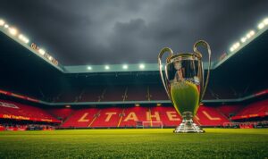 An iconic, grand old stadium with its famous red-bricked facade proudly displaying the "Old Trafford" signage. The floodlights cast a warm, golden glow over the pitch, where the prestigious UEFA Champions League trophy stands tall, symbolizing Manchester United's illustrious history and their status as one of the most successful clubs in European football. The stadium's majestic architecture and the trophy's gleaming presence evoke a sense of triumph and the club's unwavering ambition to reclaim their former glory. The image exudes a nostalgic, yet resolute atmosphere, capturing the essence of Manchester United's legacy and their eternal pursuit of the highest accolades in the sport. An iconic, grand old stadium with its famous red-bricked facade proudly displaying the "Old Trafford" signage. The floodlights cast a warm, golden glow over the pitch, where the prestigious UEFA Champions League trophy stands tall, symbolizing Manchester United's illustrious history and their status as one of the most successful clubs in European football. The stadium's majestic architecture and the trophy's gleaming presence evoke a sense of triumph and the club's unwavering ambition to reclaim their former glory. The image exudes a nostalgic, yet resolute atmosphere, capturing the essence of Manchester United's legacy and their eternal pursuit of the highest accolades in the sport.