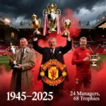 Tiga manager terbaik Manchester United Sir Matt Busby, Sir Alex Ferguson, dan Jose Mourinho dengan trofi-trofi bersejarah di Old Trafford