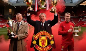 featured-manager-manchester-united-sejarah-lengkap Tiga manager terbaik Manchester United Sir Matt Busby, Sir Alex Ferguson, dan Jose Mourinho dengan trofi-trofi bersejarah di Old Trafford