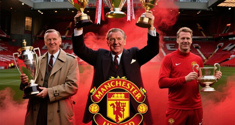 Tiga manager terbaik Manchester United Sir Matt Busby, Sir Alex Ferguson, dan Jose Mourinho dengan trofi-trofi bersejarah di Old Trafford