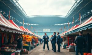 A bustling fairground scene set against the backdrop of a towering stadium, capturing the essence of financial fair play in the world of football transfers. In the foreground, colorful stalls and vendors offer a diverse array of merchandise, representing the intricate web of player acquisitions, negotiations, and regulations. The middle ground features a group of suited executives engaged in animated discussions, their gestures and expressions conveying the high-stakes decisions that shape the transfer market. In the distance, the looming presence of the stadium symbolizes the larger-than-life nature of the sport, where the rules of financial fair play cast a long shadow over the proceedings. The lighting is warm and inviting, creating a sense of energy and excitement, while the composition emphasizes the interconnectedness of the various elements, reflecting the complex dynamics of the transfer fair play. A bustling fairground scene set against the backdrop of a towering stadium, capturing the essence of financial fair play in the world of football transfers. In the foreground, colorful stalls and vendors offer a diverse array of merchandise, representing the intricate web of player acquisitions, negotiations, and regulations. The middle ground features a group of suited executives engaged in animated discussions, their gestures and expressions conveying the high-stakes decisions that shape the transfer market. In the distance, the looming presence of the stadium symbolizes the larger-than-life nature of the sport, where the rules of financial fair play cast a long shadow over the proceedings. The lighting is warm and inviting, creating a sense of energy and excitement, while the composition emphasizes the interconnectedness of the various elements, reflecting the complex dynamics of the transfer fair play.