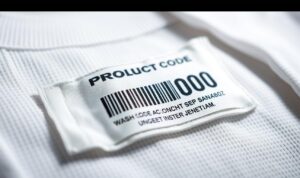 A close-up photograph of a jersey label, showcasing the product code and wash instructions. The label is prominently displayed against a clean, white background, allowing the details to be clearly visible. Crisp, evenly distributed lighting illuminates the label, highlighting the intricate text and symbols. The image is captured with a macro lens, providing a high-resolution, detailed view of the label's materials and construction. The overall mood is one of precision, authenticity, and attention to detail, conveying the importance of verifying the product's origin and quality.