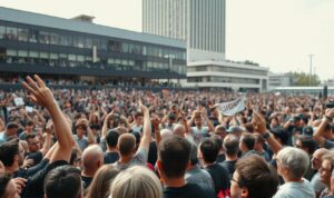 A crowded public square, with people gathered to witness the aftermath of a controversial football incident. In the foreground, a diverse mix of spectators react with a range of emotions - some with arms raised in outrage, others shaking their heads in disbelief. The middle ground captures the energy of the moment, with gesturing figures and pockets of intense discussion. In the background, a towering building provides a sense of scale and setting, its windows reflecting the commotion below. The lighting is natural, with a soft, diffused quality that lends an air of authenticity to the scene. The camera angle is slightly elevated, offering a panoramic view that conveys the scale and gravity of the public's response. A crowded public square, with people gathered to witness the aftermath of a controversial football incident. In the foreground, a diverse mix of spectators react with a range of emotions - some with arms raised in outrage, others shaking their heads in disbelief. The middle ground captures the energy of the moment, with gesturing figures and pockets of intense discussion. In the background, a towering building provides a sense of scale and setting, its windows reflecting the commotion below. The lighting is natural, with a soft, diffused quality that lends an air of authenticity to the scene. The camera angle is slightly elevated, offering a panoramic view that conveys the scale and gravity of the public's response.
