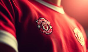 A detailed, vibrant depiction of the iconic Manchester United home jersey, capturing the essence of the club's legendary design. The foreground showcases the intricate pattern of the shirt, with its iconic red hue and striking white trim accentuating the timeless aesthetic. The mid-ground focuses on the subtle yet iconic club crest, its emblematic elements shimmering under a warm, soft light. In the background, a subtle gradient of crimson and deep burgundy tones creates a sense of depth and richness, reflecting the club's storied history and unwavering legacy. The overall composition exudes a sense of reverence and pride, perfectly suited to illustrate the "Detail Desain dan Warna Legendaris" section of the article.