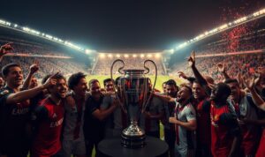 A dramatic, cinematic scene of a legendary UEFA Champions League moment. In the foreground, a group of players in their respective team uniforms surround the trophy, their expressions filled with elation and triumph. The middle ground showcases a visually striking stadium, with the floodlights casting a warm, golden glow over the pitch. In the background, a crowd of fans in the stands erupt in euphoric celebration, their hands raised in joyous celebration. The lighting is carefully balanced, creating a sense of high-stakes drama and heightened emotion. The overall composition conveys the triumphant, historic nature of this legendary Champions League moment. A dramatic, cinematic scene of a legendary UEFA Champions League moment. In the foreground, a group of players in their respective team uniforms surround the trophy, their expressions filled with elation and triumph. The middle ground showcases a visually striking stadium, with the floodlights casting a warm, golden glow over the pitch. In the background, a crowd of fans in the stands erupt in euphoric celebration, their hands raised in joyous celebration. The lighting is carefully balanced, creating a sense of high-stakes drama and heightened emotion. The overall composition conveys the triumphant, historic nature of this legendary Champions League moment.