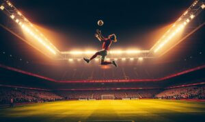 A dramatic, high-angle shot of the iconic Old Trafford stadium during a heated Manchester derby. The floodlights cast a warm, dramatic glow over the pitch, where two players engage in a fierce aerial battle for the ball. The foreground is dominated by the silhouettes of the leaping figures, their bodies contorted in a moment of sheer athleticism. The background features the stadium's towering stands, creating a sense of scale and intensity. The overall scene evokes the electric atmosphere and historic significance of this legendary Manchester rivalry. A dramatic, high-angle shot of the iconic Old Trafford stadium during a heated Manchester derby. The floodlights cast a warm, dramatic glow over the pitch, where two players engage in a fierce aerial battle for the ball. The foreground is dominated by the silhouettes of the leaping figures, their bodies contorted in a moment of sheer athleticism. The background features the stadium's towering stands, creating a sense of scale and intensity. The overall scene evokes the electric atmosphere and historic significance of this legendary Manchester rivalry.