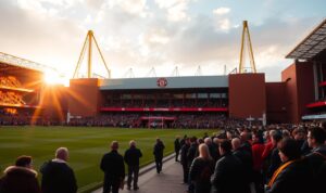 A grand and majestic view of the iconic Old Trafford, home of Manchester United. The iconic red-bricked exterior is illuminated by a warm, golden afternoon light, casting long shadows across the expansive grounds. Fans gather at the entrance, eagerly anticipating their tour of the legendary stadium, their expressions a mix of excitement and reverence. The towering floodlights stand sentinel, a testament to the rich history and enduring legacy of this hallowed ground. The image captures the essence of the Manchester United supporter's pilgrimage, a moment of connection with the club's storied past and promising future.