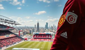 A high-quality, well-lit photograph of the main sources of revenue for a top-tier professional football club, such as Manchester United. The image should feature in the foreground a detailed depiction of the club's jersey sponsorship and sleeve sponsorship deals, with prominent branding and logos. In the middle ground, show the club's stadium and its various advertising boards and commercial partnerships. In the background, include an aerial view of the city skyline to establish the geographic context. The overall scene should convey a sense of the club's commercial prowess and the strategic importance of sponsorship deals in generating substantial annual revenue. A high-quality, well-lit photograph of the main sources of revenue for a top-tier professional football club, such as Manchester United. The image should feature in the foreground a detailed depiction of the club's jersey sponsorship and sleeve sponsorship deals, with prominent branding and logos. In the middle ground, show the club's stadium and its various advertising boards and commercial partnerships. In the background, include an aerial view of the city skyline to establish the geographic context. The overall scene should convey a sense of the club's commercial prowess and the strategic importance of sponsorship deals in generating substantial annual revenue.