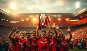 A large, iconic Old Trafford stadium bathed in golden evening light, its towering floodlights casting long shadows across the pitch. In the foreground, a group of young, jubilant Manchester United players, their faces flushed with triumph, lifting a trophy high above their heads, their youthful exuberance palpable. The background is filled with the cheering crowd, their faces blurred but their excitement palpable, creating a sense of energy and celebration. The image conveys the thrill of a hard-won victory, the promise of a new generation of talent, and the enduring legacy of the Class of '92 at the heart of Manchester United. A large, iconic Old Trafford stadium bathed in golden evening light, its towering floodlights casting long shadows across the pitch. In the foreground, a group of young, jubilant Manchester United players, their faces flushed with triumph, lifting a trophy high above their heads, their youthful exuberance palpable. The background is filled with the cheering crowd, their faces blurred but their excitement palpable, creating a sense of energy and celebration. The image conveys the thrill of a hard-won victory, the promise of a new generation of talent, and the enduring legacy of the Class of '92 at the heart of Manchester United.