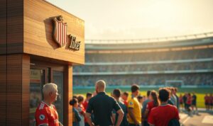 A meticulously rendered image of a football club ticket booth, bathed in warm afternoon light. The booth's exterior is crafted with smooth, polished wood and features a prominent sign displaying the club's crest and the words "Tiket" in elegant typography. In the foreground, a queue of soccer fans, dressed in the team's colors, patiently wait to purchase their tickets, their expressions conveying a sense of anticipation and excitement. The background blurs softly, revealing the stadium's grand facade, its towering stands and immaculate pitch visible in the distance, hinting at the thrilling match to come. The scene exudes a palpable atmosphere of tradition, community, and the passion that defines the sport of football. A meticulously rendered image of a football club ticket booth, bathed in warm afternoon light. The booth's exterior is crafted with smooth, polished wood and features a prominent sign displaying the club's crest and the words "Tiket" in elegant typography. In the foreground, a queue of soccer fans, dressed in the team's colors, patiently wait to purchase their tickets, their expressions conveying a sense of anticipation and excitement. The background blurs softly, revealing the stadium's grand facade, its towering stands and immaculate pitch visible in the distance, hinting at the thrilling match to come. The scene exudes a palpable atmosphere of tradition, community, and the passion that defines the sport of football.