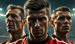 A photorealistic portrait of three key players from Manchester United's historic 1999 Treble-winning season, captured in a dramatic, cinematic style. In the center, the iconic figure of David Beckham, his piercing gaze and chiseled features accentuated by dramatic lighting. Flanking him, the commanding presence of Roy Keane and the youthful dynamism of Ryan Giggs, their faces etched with the intensity and determination that defined their legendary careers. The background is a blur of stadium lights and spectators, reflecting the electric atmosphere of that unforgettable night in Barcelona. A photorealistic portrait of three key players from Manchester United's historic 1999 Treble-winning season, captured in a dramatic, cinematic style. In the center, the iconic figure of David Beckham, his piercing gaze and chiseled features accentuated by dramatic lighting. Flanking him, the commanding presence of Roy Keane and the youthful dynamism of Ryan Giggs, their faces etched with the intensity and determination that defined their legendary careers. The background is a blur of stadium lights and spectators, reflecting the electric atmosphere of that unforgettable night in Barcelona.