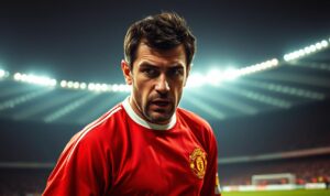 A rugged, intense midfield general on the pitch, Roy Keane commands the center with unwavering authority. Capture his raw, uncompromising playing style - a relentless ball-winner who tackles with steel-eyed determination, his powerful frame surging forward to drive the attack. Set the scene in the iconic Old Trafford stadium, the floodlights casting dramatic shadows as Keane orchestrates proceedings, barking orders and rallying his teammates with his signature fiery leadership. Depict the Irishman's intense, near-intimidating demeanor, his weathered face etched with focus and intensity, radiating an aura of uncompromising passion for the game. A rugged, intense midfield general on the pitch, Roy Keane commands the center with unwavering authority. Capture his raw, uncompromising playing style - a relentless ball-winner who tackles with steel-eyed determination, his powerful frame surging forward to drive the attack. Set the scene in the iconic Old Trafford stadium, the floodlights casting dramatic shadows as Keane orchestrates proceedings, barking orders and rallying his teammates with his signature fiery leadership. Depict the Irishman's intense, near-intimidating demeanor, his weathered face etched with focus and intensity, radiating an aura of uncompromising passion for the game.