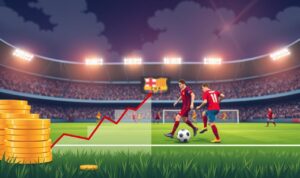 A soccer club's financial impact, depicted in a stylized illustration. In the foreground, a stack of gold coins and a line graph showing revenue trends. In the middle ground, players in uniforms engaged in a match, conveying the on-field performance. In the background, a backdrop of modern stadium architecture, floodlights illuminating the scene with a warm, cinematic glow. The composition captures the delicate balance between a club's financial health and its sporting success, inviting the viewer to consider the complex dynamics that shape a team's fortunes.