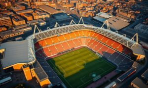 A sweeping, aerial view of the iconic Old Trafford stadium, formerly a bombed-out ruin, now reborn as the gleaming "Theatre of Dreams". The historic facade stands tall, its weathered brick and stone elegantly juxtaposed against modern glass and steel additions. Vast, pristine terraces wrap around a well-manicured pitch, bathed in warm, golden light from the setting sun. Sleek, contemporary hospitality suites and concourses hum with activity, while the stadium's famous floodlight pylons cast long shadows across the transformed landscape. This is a testament to the stadium's remarkable journey, from war-torn devastation to world-class sporting mecca.