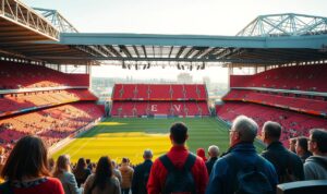 A sweeping vista of the iconic Old Trafford stadium, illuminated by warm afternoon sunlight. In the foreground, a group of visitors embark on a guided tour, their eager expressions reflecting the grandeur of the historic venue. The middle ground showcases the stadium's impressive architecture, with its towering stands and meticulously manicured pitch. In the background, the city skyline provides a stunning backdrop, hinting at the vibrant atmosphere that surrounds this beloved football ground. The image captures the excitement and sense of exploration that defines the stadium tour experience. A sweeping vista of the iconic Old Trafford stadium, illuminated by warm afternoon sunlight. In the foreground, a group of visitors embark on a guided tour, their eager expressions reflecting the grandeur of the historic venue. The middle ground showcases the stadium's impressive architecture, with its towering stands and meticulously manicured pitch. In the background, the city skyline provides a stunning backdrop, hinting at the vibrant atmosphere that surrounds this beloved football ground. The image captures the excitement and sense of exploration that defines the stadium tour experience.