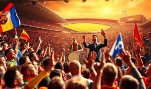 A vibrant and colorful scene depicting the rich history of football supporter chants. In the foreground, a passionate crowd of fans dressed in their team's colors, waving flags and scarves, their mouths open in a rousing chorus. The middle ground features a stage-like setting, with a drum-playing percussionist and a singer leading the chants, their energy infectious. In the background, a collage of historic football stadiums and iconic moments, hinting at the enduring traditions and evolution of these beloved supporter anthems. The overall atmosphere is one of excitement, unity, and a deep-rooted connection to the sport and the team. The lighting is warm and dynamic, capturing the electric atmosphere of a live match. A vibrant and colorful scene depicting the rich history of football supporter chants. In the foreground, a passionate crowd of fans dressed in their team's colors, waving flags and scarves, their mouths open in a rousing chorus. The middle ground features a stage-like setting, with a drum-playing percussionist and a singer leading the chants, their energy infectious. In the background, a collage of historic football stadiums and iconic moments, hinting at the enduring traditions and evolution of these beloved supporter anthems. The overall atmosphere is one of excitement, unity, and a deep-rooted connection to the sport and the team. The lighting is warm and dynamic, capturing the electric atmosphere of a live match.