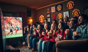 A vibrant community of Manchester United fans gathers in a cozy living room, their eyes fixed on a large screen as they cheer and celebrate their team's thrilling match. Warm lighting casts a soft glow, creating an intimate atmosphere. In the foreground, a group of friends share snacks and drinks, their faces alight with excitement. The middle ground features plush sofas and armchairs, where fans lean forward, their expressions rapt. In the background, Manchester United memorabilia adorns the walls, reflecting the group's unwavering loyalty. The scene conveys a sense of camaraderie, unity, and a shared passion for the beautiful game. A vibrant community of Manchester United fans gathers in a cozy living room, their eyes fixed on a large screen as they cheer and celebrate their team's thrilling match. Warm lighting casts a soft glow, creating an intimate atmosphere. In the foreground, a group of friends share snacks and drinks, their faces alight with excitement. The middle ground features plush sofas and armchairs, where fans lean forward, their expressions rapt. In the background, Manchester United memorabilia adorns the walls, reflecting the group's unwavering loyalty. The scene conveys a sense of camaraderie, unity, and a shared passion for the beautiful game.