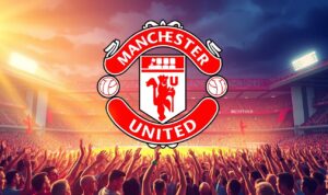 A vibrant, detailed illustration showcasing the rich symbolism and meaning behind the iconic "Glory Glory Man United" chant. In the foreground, a striking, larger-than-life Manchester United crest dominates the frame, its bold red and white colors radiating an aura of pride and power. Beneath it, a throng of passionate, cheering supporters fill the middle ground, their hands raised in unison as they belt out the legendary lyrics. In the background, a tapestry of historic Old Trafford stadium unfolds, its iconic architecture and floodlights casting a warm, triumphant glow over the scene. The overall composition conveys the unwavering spirit, heritage, and glory of Manchester United, as encapsulated in this beloved chant.