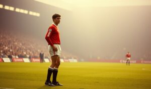 A young George Best, in his Manchester United debut at Old Trafford, stands tall and confident on the pitch. The soft, warm lighting bathes the scene, creating a sense of nostalgia and reverence. The crowd in the background is a blur of excited faces, capturing the electric atmosphere of the moment. Best's intense gaze and fluid, effortless movements convey his natural talent and the promise of a legendary career to come. The lush, green grass and the iconic Old Trafford stadium create a timeless, iconic setting for this historical debut performance. A young George Best, in his Manchester United debut at Old Trafford, stands tall and confident on the pitch. The soft, warm lighting bathes the scene, creating a sense of nostalgia and reverence. The crowd in the background is a blur of excited faces, capturing the electric atmosphere of the moment. Best's intense gaze and fluid, effortless movements convey his natural talent and the promise of a legendary career to come. The lush, green grass and the iconic Old Trafford stadium create a timeless, iconic setting for this historical debut performance.