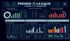 Detailed financial analysis of the Premier League, showcasing a comprehensive overview of club sponsorship deals, revenue streams, and financial performance. The image should depict a sleek, data-driven visualization with clean typography, intuitive charts, and infographics. Set the scene with a modern, professional atmosphere, using a muted color palette and subtle lighting to create a sense of authority and expertise. Capture the essence of the subject matter through a well-composed layout, emphasizing the key financial metrics and insights relevant to the article's section on "Analisis Performa dan Nilai Finansial Sponsor".